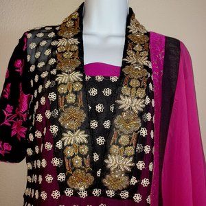 4 Piece Set: Festive Party Pink/Black Double Layer Kurtas, Trouser, and Dupatta